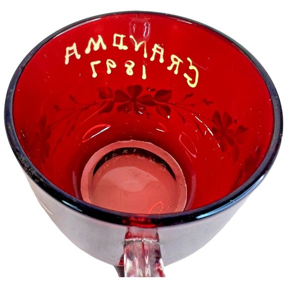 Antique Ruby Red Flash White Clear Grandma 1897 Mug Cup Hand Painted Flowers - Picture 6 of 9